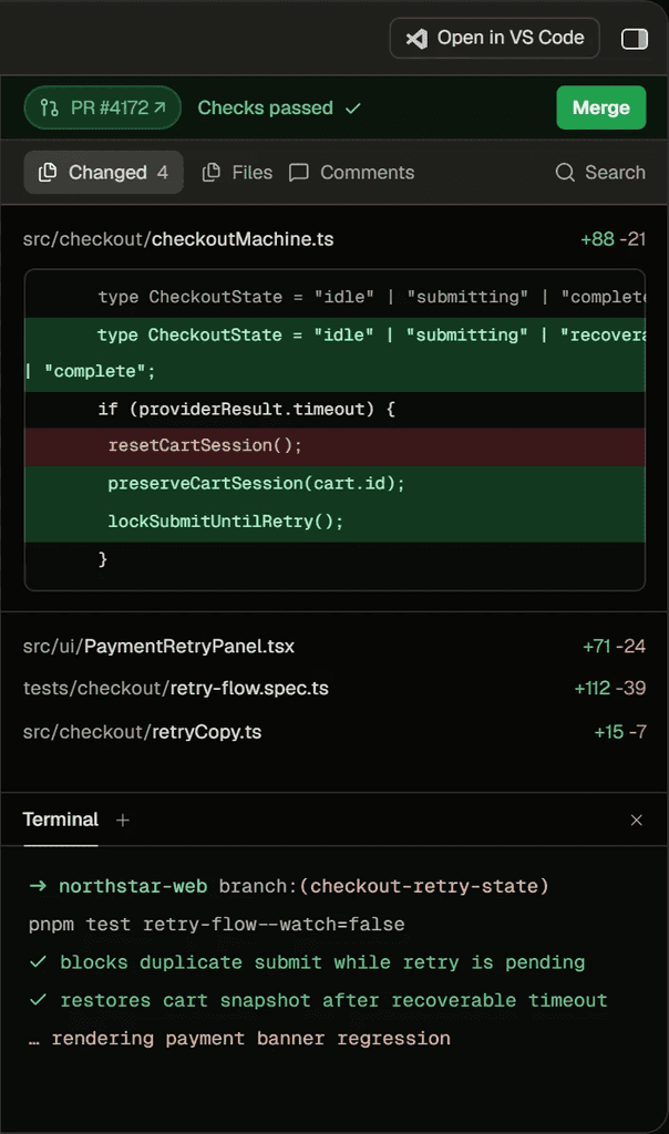 Pull-request diff panel in Zubvo